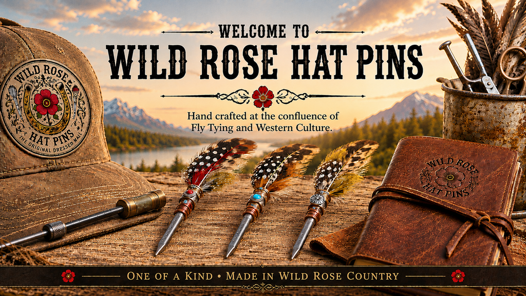 Wild Rose Hat Pins - Hand crafted at the confluence of Fly Tying and Western Culture.